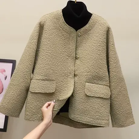 羊羔毛外套女2023秋冬装新款皮毛一体羊剪绒圆领短款大衣百搭毛呢图片