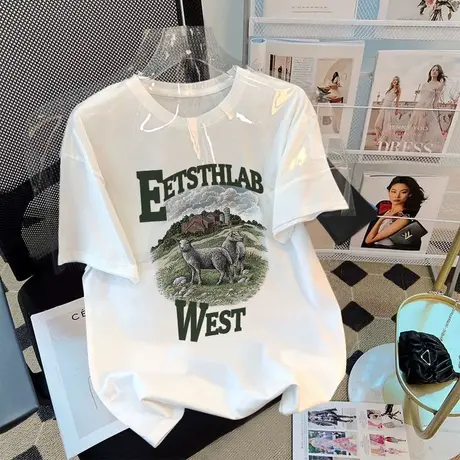 复古chic减龄短袖t恤女大码oversize宽松ins潮牌夏季休闲百搭上衣商品大图