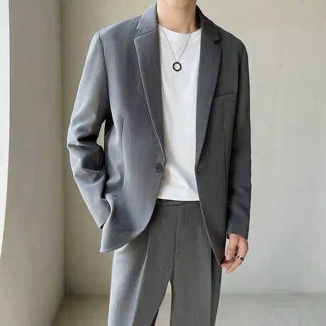 纯色休闲西装男两件套垂感外套春夏宽松西服搭配修身西裤一套装潮商品大图