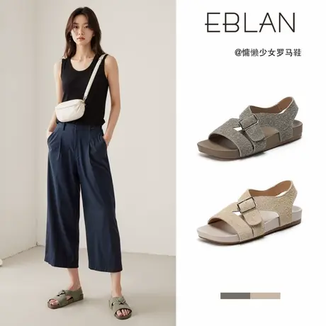 EBLAN/伊伴平底凉鞋女2025夏季新款勃肯鞋露趾真皮软底罗马沙滩鞋图片