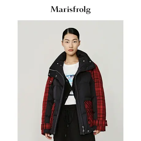 【短款收腰拼色羽绒服】玛丝菲尔冬季新款格纹拼色立领收腰羽绒服商品大图