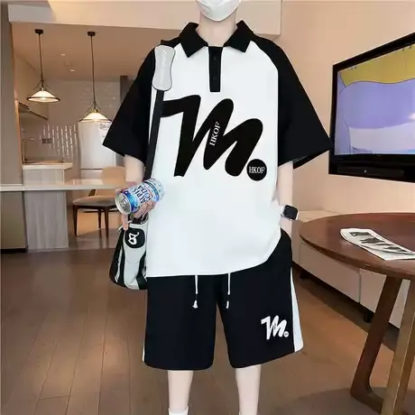 青少年Polo衫短袖套装男孩大童半袖t恤初中学生休闲运动短裤一套商品大图