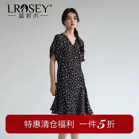 蓝若水大码女装胖mm碎花V领高腰A字裙夏季新品显瘦淑女雪纺连衣裙图片