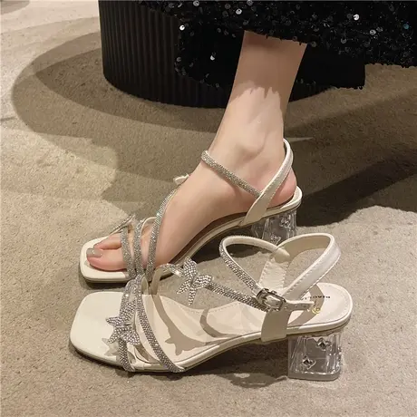 法式水钻凉鞋女2025年春季新款水晶粗跟气质鞋子配裙子时尚高跟鞋商品大图