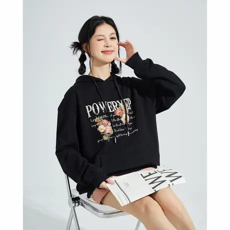 唐狮女卫衣春秋新款黑色薄款连帽宽松印花上衣美式复古帽衫潮商品大图