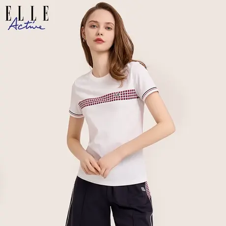 【团】ELLE Active白色格纹短袖t恤女夏季正肩上衣图片
