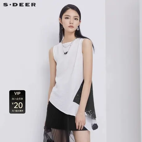 sdeer圣迪奥女装方领撞色印花不规则无袖背心S21280605图片