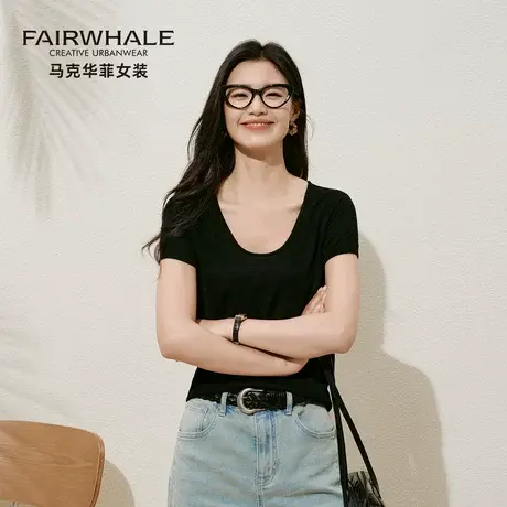 马克华菲U领短袖T恤女春夏新款弹力修身瘦丝光羊毛针织衫打底上衣图片