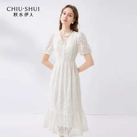 【悟空粉丝专享】秋水伊人V领浪漫蕾丝连衣裙夏女收腰显瘦中长裙商品大图