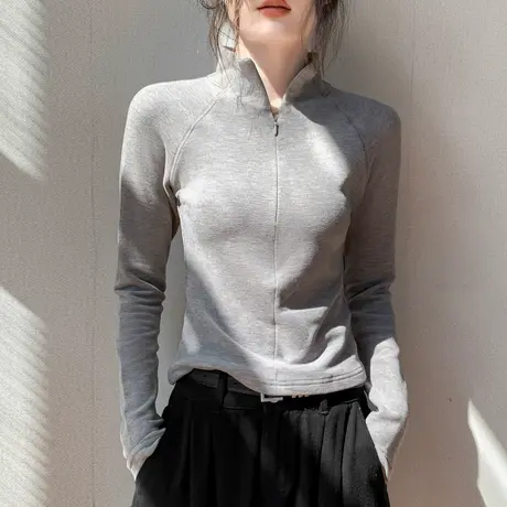 双面德绒高领拉链打底衫女秋冬新款修身保暖外穿内搭长袖T恤上衣图片