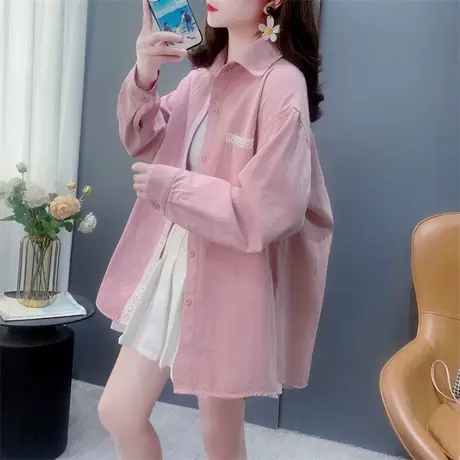 糖果色蕾丝边拼接牛仔衬衫女早春2025年新款宽松百搭休闲外套上衣商品大图