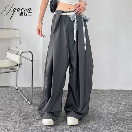 工装弯刀裤女夏季低腰抽绳宽松显瘦遮肉阔腿裤慵懒松弛休闲拖地裤商品大图