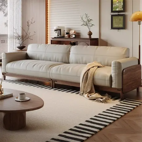 顾家家居实木北美黑胡桃木实木简约轻奢家用客厅头层真皮直排沙发商品大图