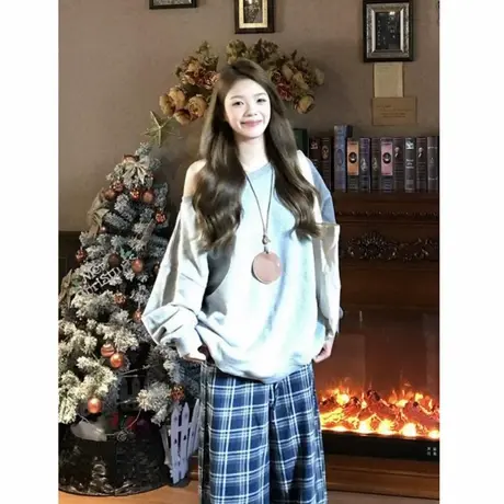 美式辣妹斜领长袖卫衣女2025春秋季宽松慵懒风设计感露肩上衣早秋商品大图