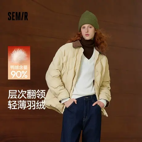 森马羽绒服女中长款轻薄肌理宽松2025新款撞色灯芯绒翻领冬装复古商品大图