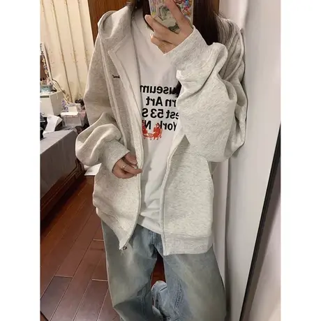 美式复古连帽卫衣女春秋装百搭韩版宽松显瘦拉链开衫薄款上衣外套商品大图