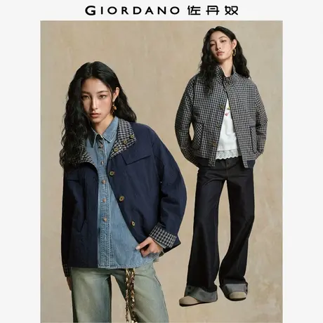 设计师款佐丹奴防风外套女装新款双面穿格纹立领风衣夹克18375505商品大图