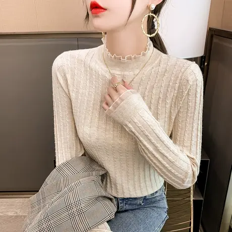 洋气麻花蕾丝中领毛衣打底衫女春秋内搭2023新款韩版长袖针织上衣图片