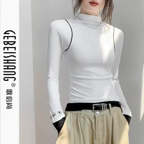 半高领打底衫女2025年秋冬修身显瘦内搭长袖T恤假两件拼接上衣商品大图