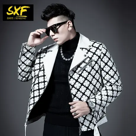 SXF圣希梵男士真皮皮衣 新款夹棉机车服夹克立体皮绣白色皮外套男商品大图