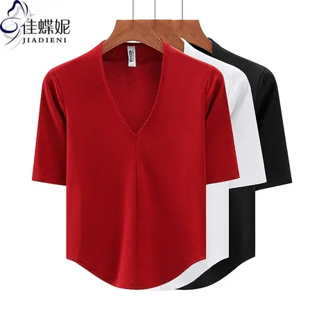 秋季新款V领修身短款纯欲纯棉圆弧纯色显瘦中袖体恤上衣女打底衫商品大图