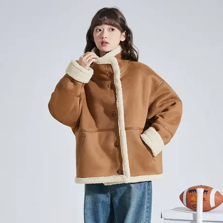 唐狮秋冬季新款外套女立领撞色仿麂皮绒拼接仿羔绒短款外套流行tu商品大图