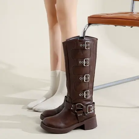 小众甜酷miu家粗跟高筒靴方头套筒机车骑士靴女棕色西部牛仔靴子商品大图