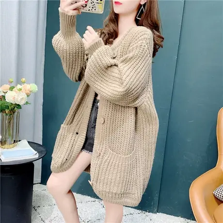 毛衣外套女2021年秋季新款日系复古宽松外穿中长款慵懒风针织开衫商品大图