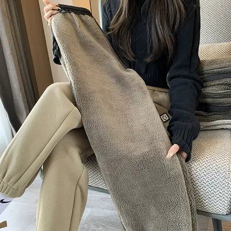 加绒加厚运动裤女秋冬宽松束脚休闲棉裤羊羔绒裤子女卫裤图片