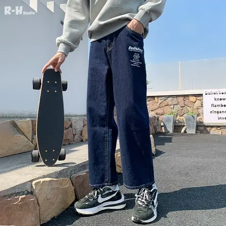 Radiohead深色牛仔裤男纯棉宽松直筒休闲长裤子学生春装新款帅气商品大图