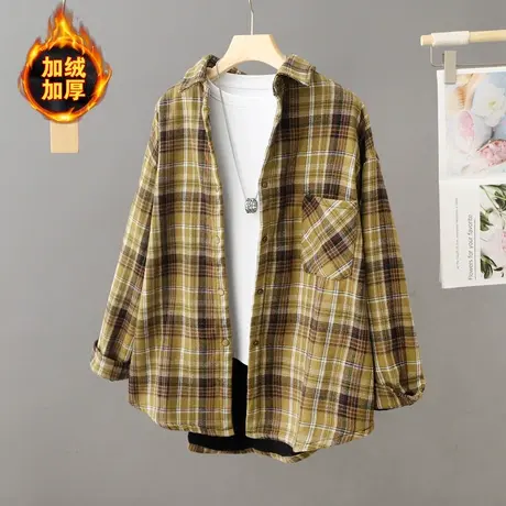 加绒加厚宽松大码格子外套衬衫女装秋冬新款设计感中长款衬衣开衫商品大图