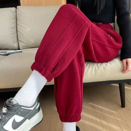 加绒加厚运动裤女冬季2023新款高腰宽松显瘦休闲红色束脚哈伦卫裤商品大图