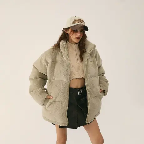 潮牌加棉加厚羊羔毛外套冬季新款复古立领棉服女宽松面包服棉衣商品大图