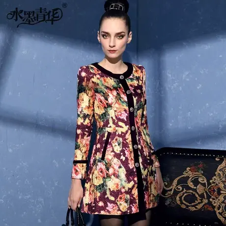 水墨青华2023冬装新款修身气质时尚优雅气质花色粗格呢外套商品大图