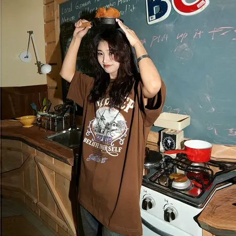 YEP咖啡色T恤女短袖2023新款夏季宽松oversize纯棉半袖打底衫ins商品大图