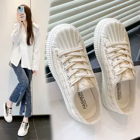 小香风帆布鞋女2023新款饼干鞋女百搭厚底港风chic小白松糕板鞋子商品大图