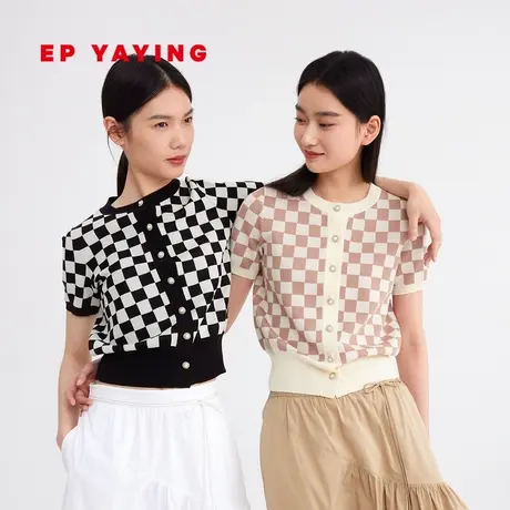 EP雅莹女装 三醋酸时髦棋盘格轻弹力针织短袖 商场同款9152A图片