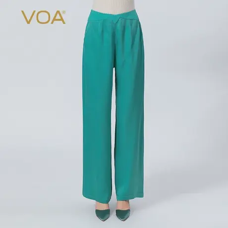 VOA100%桑蚕丝40姆米双面缎自然腰褶皱隐形侧拉斜插口袋直筒裤女图片