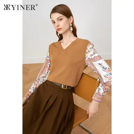 *YINER音儿奥莱女装秋季V领拼接长袖毛针织衫商品大图