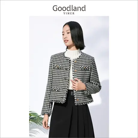 *【小香风】Goodland美地女装冬季短款千鸟格外套女商品大图