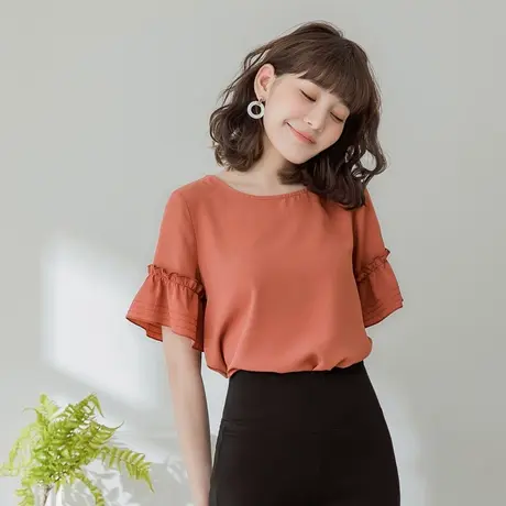 桔熊夏季温柔微光泽雪纺衫荷叶边拼接喇叭袖上衣女胖mm大码AB9743图片
