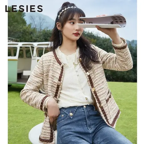 LESIES蓝色倾情春秋新款女装小香风圆领花纱通勤OL短外套上衣图片