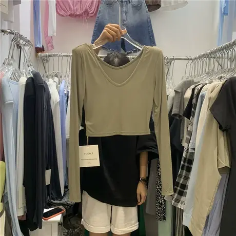 长袖t恤女2021秋季新款韩版女装时髦U领百搭修身显瘦纯色短款上衣商品大图