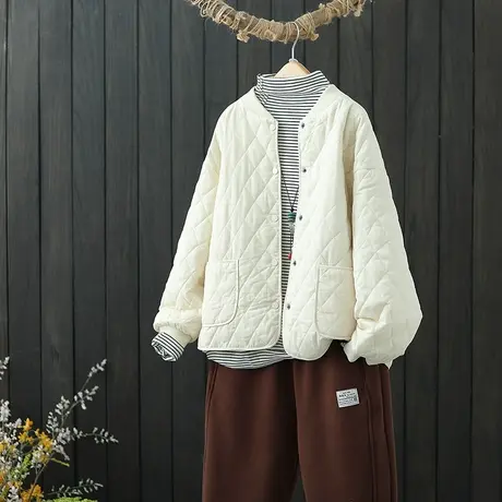 棉服女装冬季新款复古单排扣棉衣立领长袖宽松显瘦夹棉上衣短外套图片