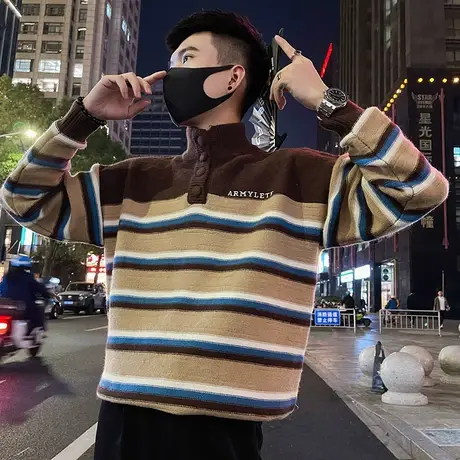 秋冬高领撞色条纹提花套头毛衣男POLO衫宽松高级感毛线针织上衣商品大图