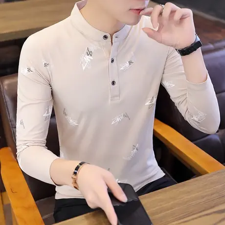 2021春季新款纯棉立领Polo衫男士长袖T恤休闲青年打底衫上衣服潮商品大图