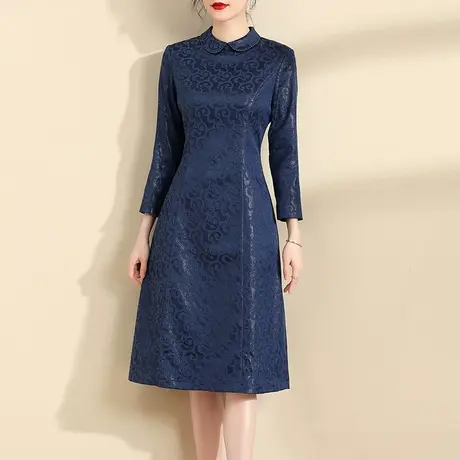 水墨青华冬装新品修身翻领打底裙优雅收腰显瘦百搭长袖连衣裙商品大图