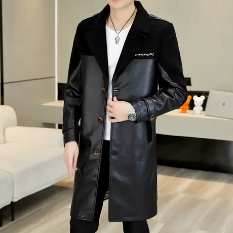 秋冬季中长款风衣男士潮牌帅气西装领个性毛呢拼接PU皮衣大衣外套图片