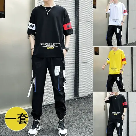新款男士短袖t恤搭配痞帅气宽松一套夏季潮牌T休闲上衣服工装套装商品大图