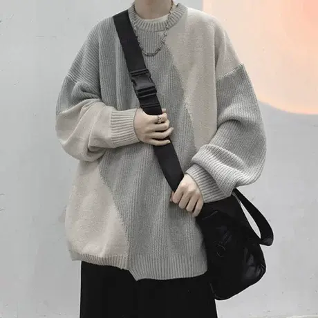 圆领套头毛衣男秋冬百搭撞色拼接针织衫ins港风宽松长袖打底线衣商品大图